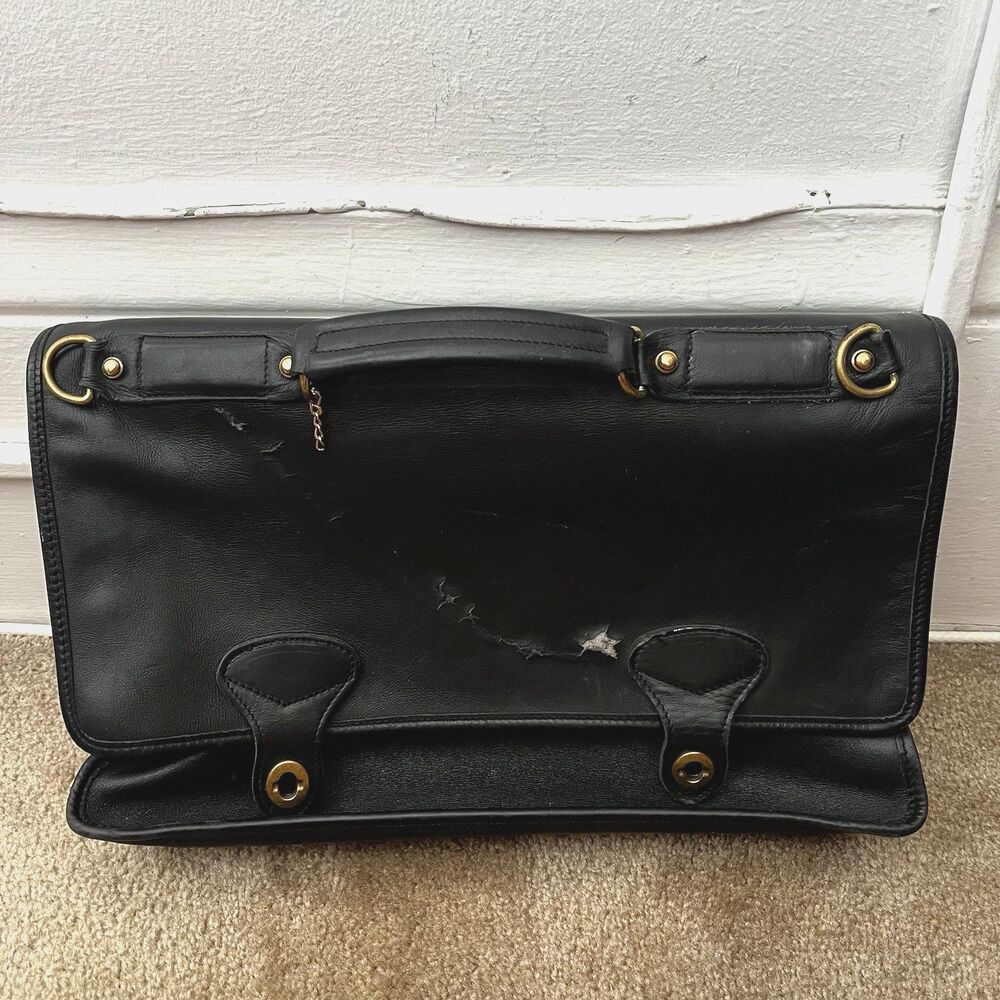 Vtg Jack Georges Messenger Bag Briefcase Black Leather no Shoulder Strap flaws